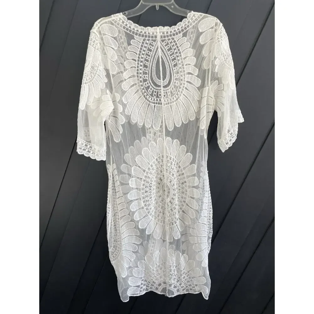 Anthropologie Adiva Floral Lace Duster Cardigan Beach Cover Up Ivory Medium